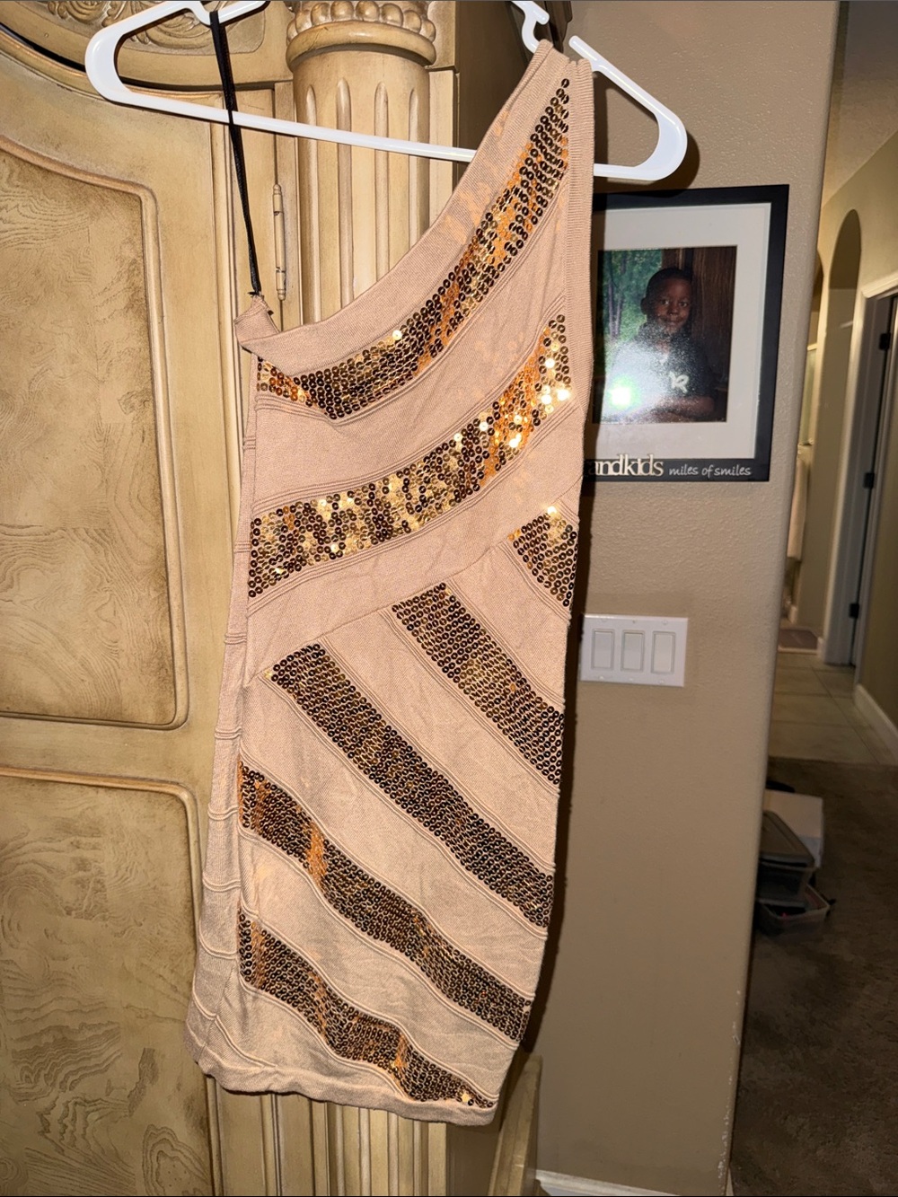 bebe Sequin Embellished Beige and Gold dress